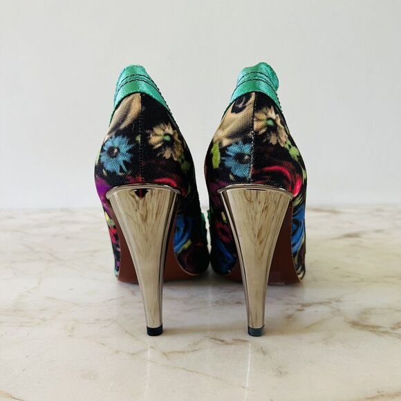 2010 LANVIN x H&M Green Floral Print Bow Mirrored Heels Pumps - EUR 38 / US 7 - Picture 7 of 9
